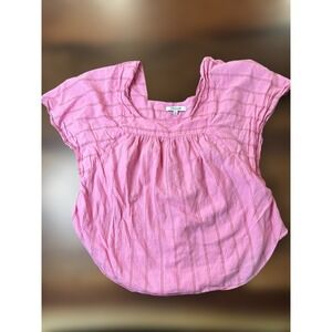 Madewell Pink Striped Square Neck Gathered Short Sleeve Casual Top